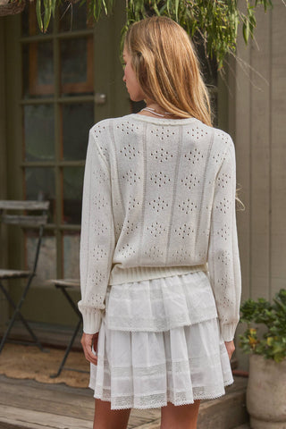 Pointelle Knit Cardigan Lace Trim Button Down