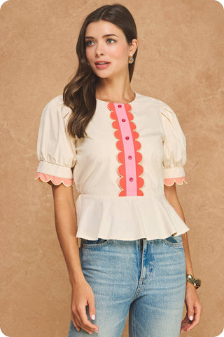 Scalloped Embroidery Detail Puff Sleeve Peplum Top