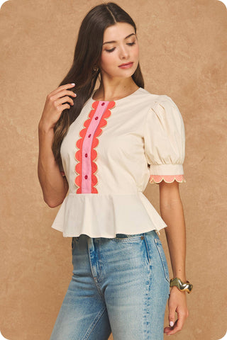 Scalloped Embroidery Detail Puff Sleeve Peplum Top