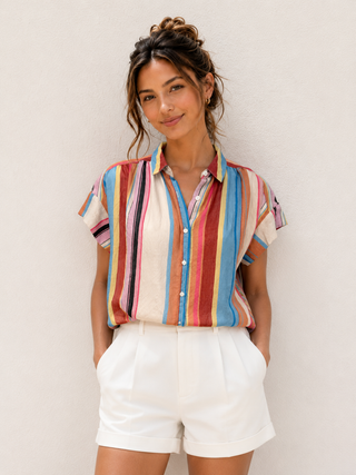 Multi Stripe Tencel Blend Button-Up Blouse
