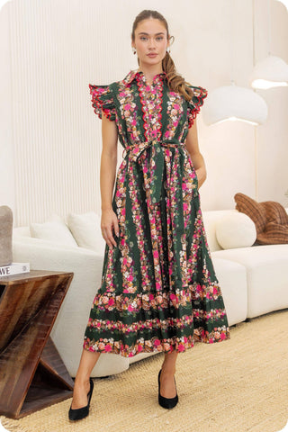 Ruffle Scallop Floral Garden Midi Dress
