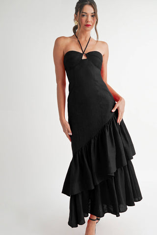 Ruffle Halter Maxi Linen Dress