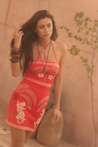 Tropical Jacquard-Knit Mini Halter Sweater Dress