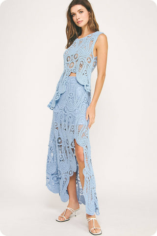 Solara Sands Asymmetric Scalloped Crochet Top And Skirt Set