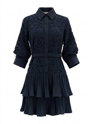 Lace Tiered Pleated Shirt Dress