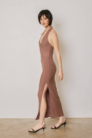 Monroe Metallic Gold Trim Halter Open Back Dress