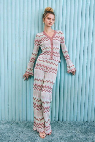 Rosé Riviera Knit Set - Geometric Pattern Knit Cardigan & Pants Set