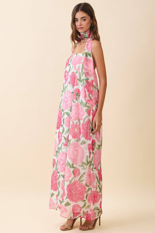 Peony Palm Dress with Convertible Scarf