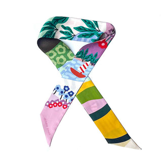 Silk Skinny Scarf Of Summer – styled on neck – Into The Palms boutique