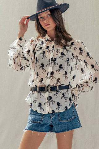 Western Horse Print Button Down Blouse Flared Cuff