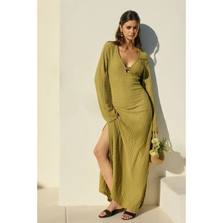 Ecru Escape Gold Trim Bell Sleeve Maxi Dress