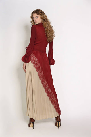 Rosaline Dual-Tone Pleated Lace-Trimmed Wrap Maxi Dress