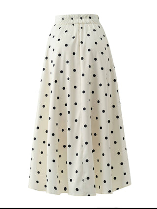 Ivory Polka Dot High Waist Satin A-Line Maxi Skirt