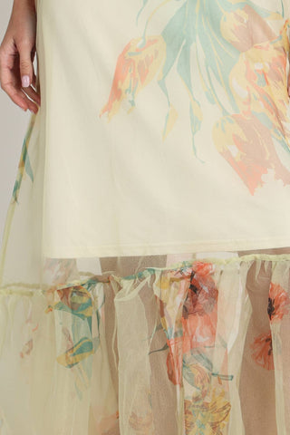 Botanical Print Sheer Overlay Tie-Neck Dress