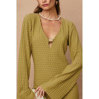 Ecru Escape Gold Trim Bell Sleeve Maxi Dress