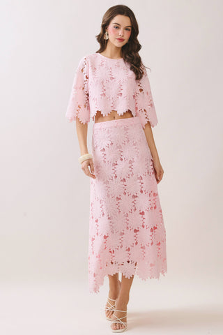 Floral Lace 2 Piece Set Scalloped Hem Top and Midi Skirt – front view – Into The Palms boutique
