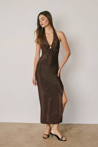 Monroe Metallic Gold Trim Halter Open Back Dress