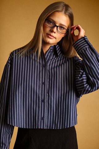 STRIPED BUTTON FRONT CROP SHIRT