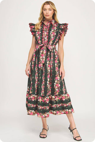 Ruffle Scallop Floral Garden Midi Dress