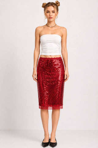 SEQUIN LACE TRIM MIDI SKIRT - PREORDER