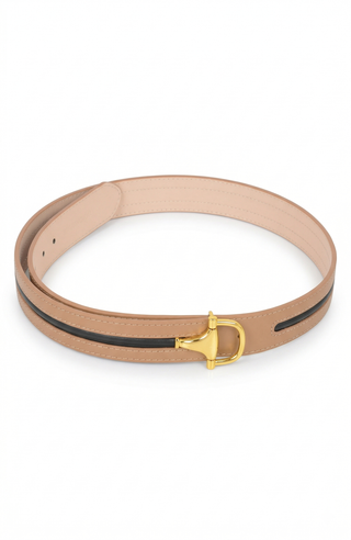 Leather Belt with Gold D Buckle and Contrast Edge Detail