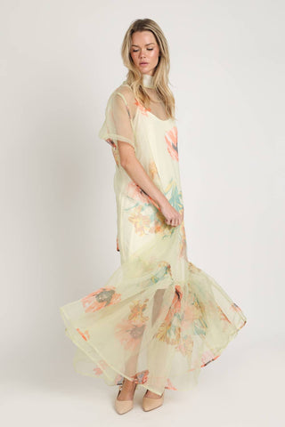 Botanical Print Sheer Overlay Tie-Neck Dress