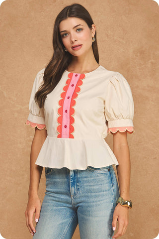 Scalloped Embroidery Detail Puff Sleeve Peplum Top