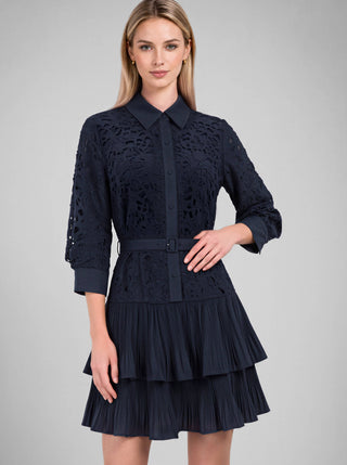 Lace Tiered Pleated Shirt Dress