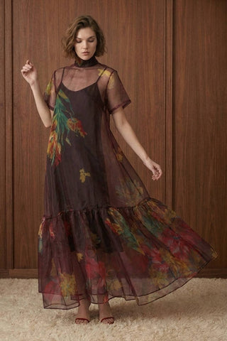 Botanical Print Sheer Overlay Tie-Neck Dress
