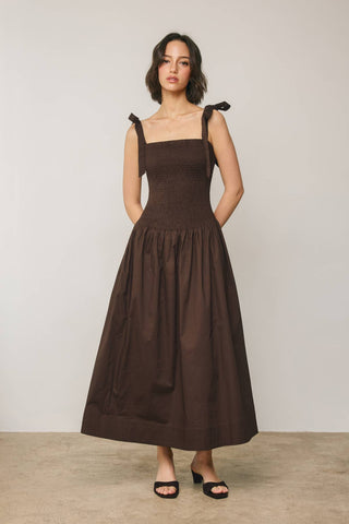 Tie Shoulder Navy Drop Waist Smocked Dress