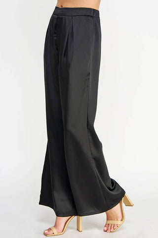Front Pleat Wide Leg Satin Pants