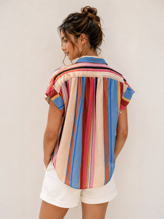 Multi Stripe Tencel Blend Button-Up Blouse