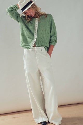 Pointelle Knit Cardigan Lace Trim Button Down