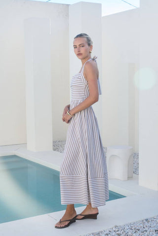 Taupe Stripe Halter Maxi Dress – back view – Into The Palms boutique