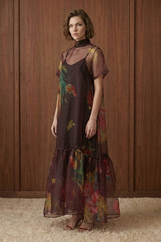 Botanical Print Sheer Overlay Tie-Neck Dress
