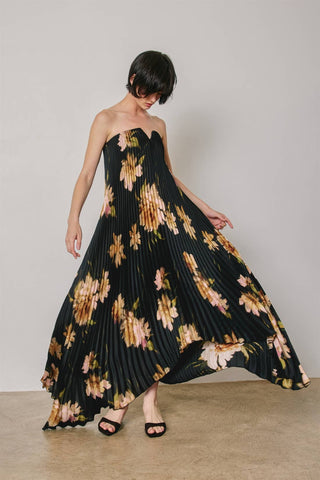 Noémie Floral Strapless Pleated Maxi Column Dress