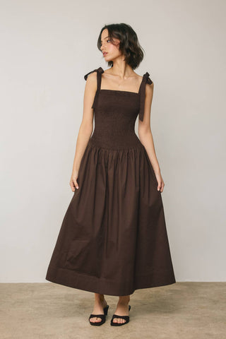 Tie Shoulder Navy Drop Waist Smocked Dress