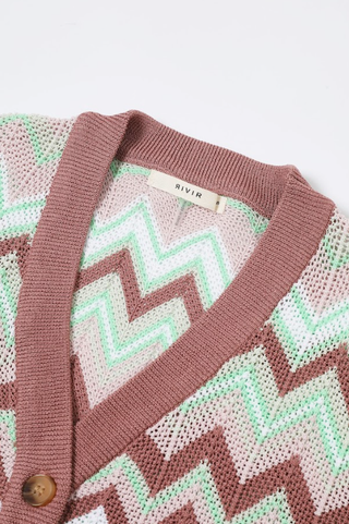 Rosé Riviera Knit Set - Geometric Pattern Knit Cardigan & Pants Set