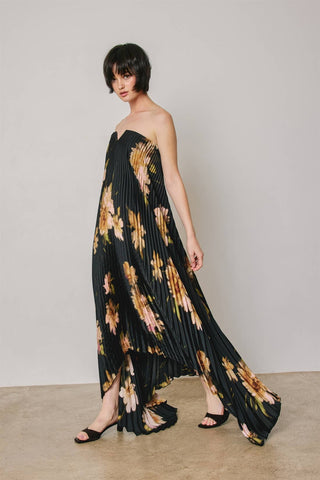 Noémie Floral Strapless Pleated Maxi Column Dress