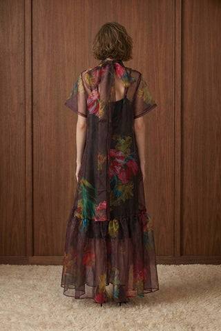 Botanical Print Sheer Overlay Tie-Neck Dress