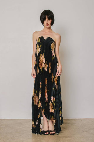 Noémie Floral Strapless Pleated Maxi Column Dress