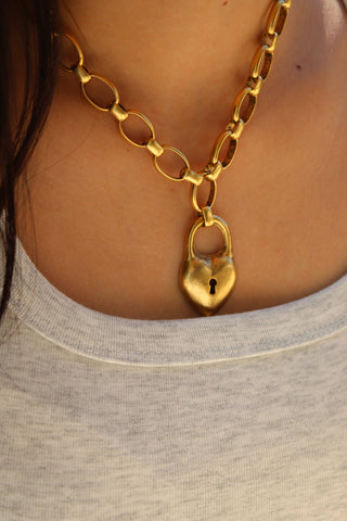 Antiqued Gold Chunky Puff Heart Necklace