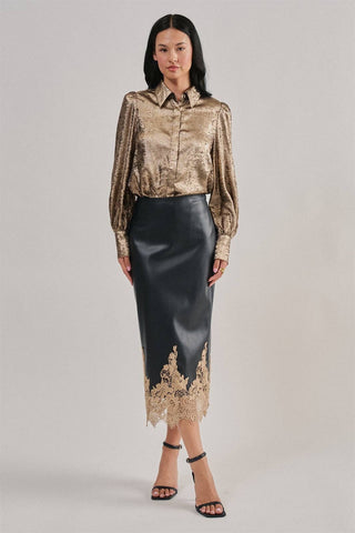 Grace Faux Leather Midi Skirt with Lace Hem – view 7 – Into The Palms