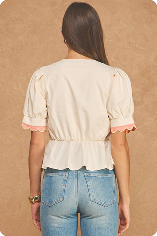 Scalloped Embroidery Detail Puff Sleeve Peplum Top