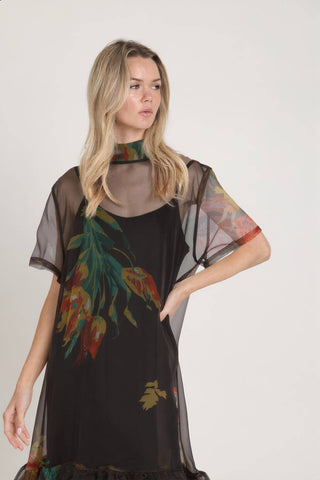 Botanical Print Sheer Overlay Tie-Neck Dress