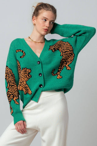 Tiger Jacquard Knit Sweater Cardigan