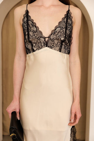 Champagne Noir Lace Slip Midi Dress