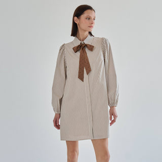 Marguerite striped shirt dress with long puff sleeves and mocha bow tie, front view