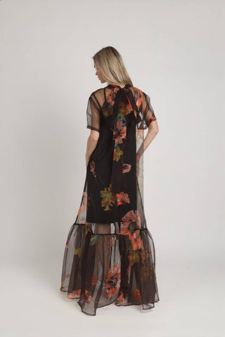 Botanical Print Sheer Overlay Tie-Neck Dress