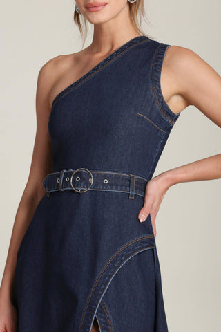 One Shoulder Belted Denim Midi Dress